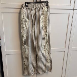 Wide Leg Striped Pants with Lace Trim - Cream/Tan NWOT.